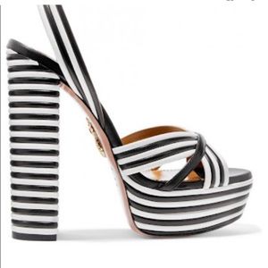Aquazzura Womens Sundance Striped Leather Platform Sandals Black/White, 38.5